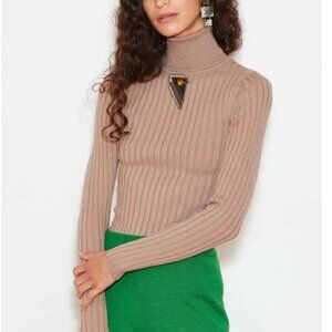 Misha & Puff Merino Wool Ribbed Turtleneck Sweater tan Brown XS